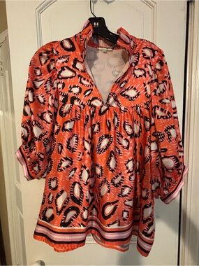 Jade Coral and Cream Animal-Print V-Neck Blouse